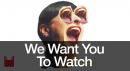 We Want You to Watch. Female head with wide open mouth and wide open mouths for eyes