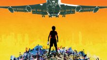 Behind the Beautiful Forevers. Collage of a boy on a rubbish heap with a passenger jet flying overhead